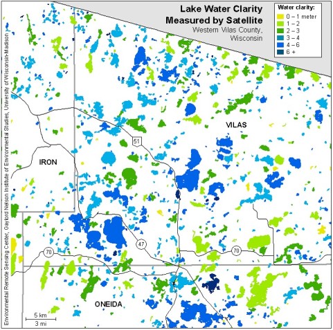 Lake water clarity map of western Vilas County, Wisconsin